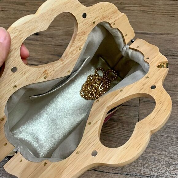 Abstract Print Cowhide Leather Handmade Wooden Frame Bag Includes 2 Strap Styles - Picture 15 of 16